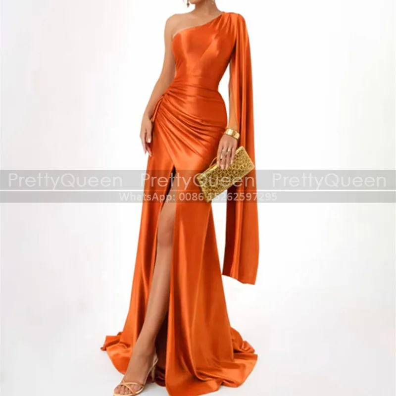 Orange One Shoulder Bridesmaid Dresses Long Mermaid Side Split Sleeveless Customized Sheath Wedding Party Dress For Women