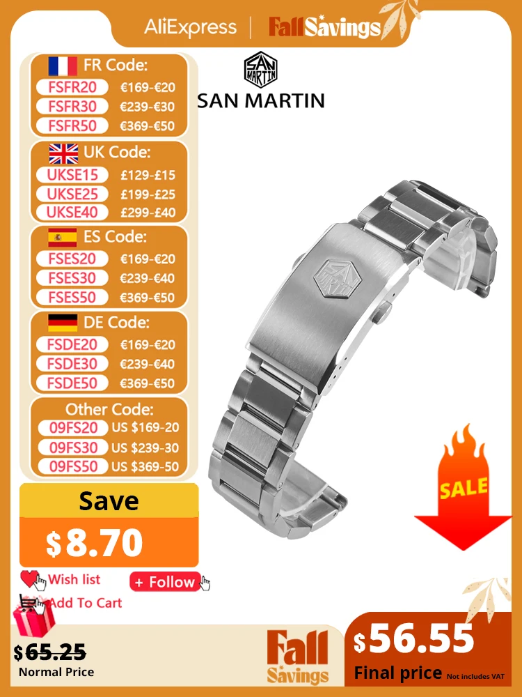 San Martin Watch Parts No Insert Flat Ends Bracelet High Quality 316L Solid Stainless Steel 3Links  20mm 22mm Universal Strap