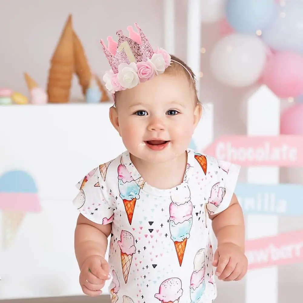 Pink White Rose 1 Year Old Crown Hat Happy Princess Birthday Party Decor Kid Baby Girl 1st Hat One Year Birthday Photo Props Hat