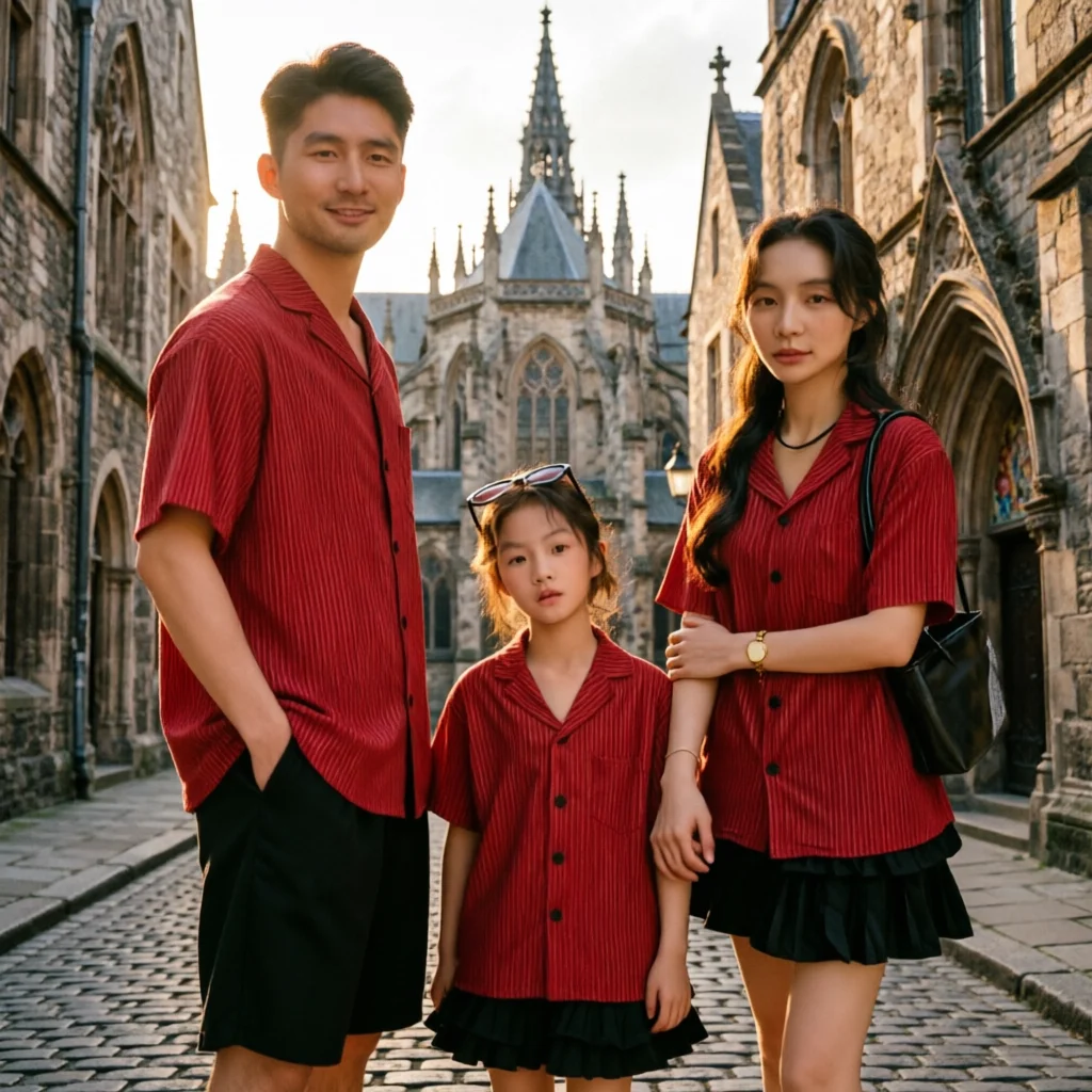 2026 Summer Family Matching Outfits Red Striped Camp Collar Shirt Set Vintage Retro Casual Streetwear For Family Beach Wear