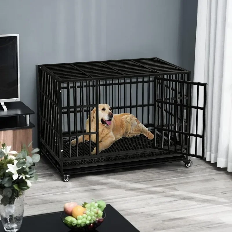 48/38 inch Heavy Duty Indestructible Dog Crate, Escape Proof Dog with Lockable Wheels