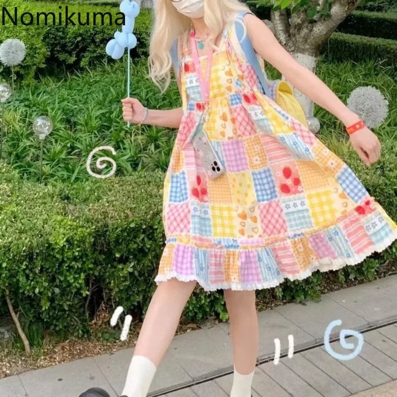 2024 Vestidos De Mujer Cute Woman Dress Bandage Patchwork Lace Contrast Color Plaid Robe Femme Loose Summer Dresses