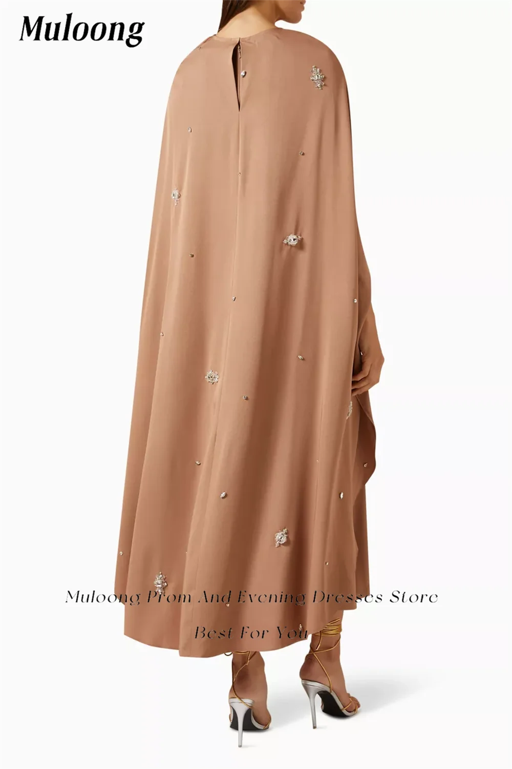 Muloong Beige O Neck A Line Maxi Dress Asymmetrical Smock Ankle Length Classic Evening Dress Crystal Saudi Aribia Prom Gown