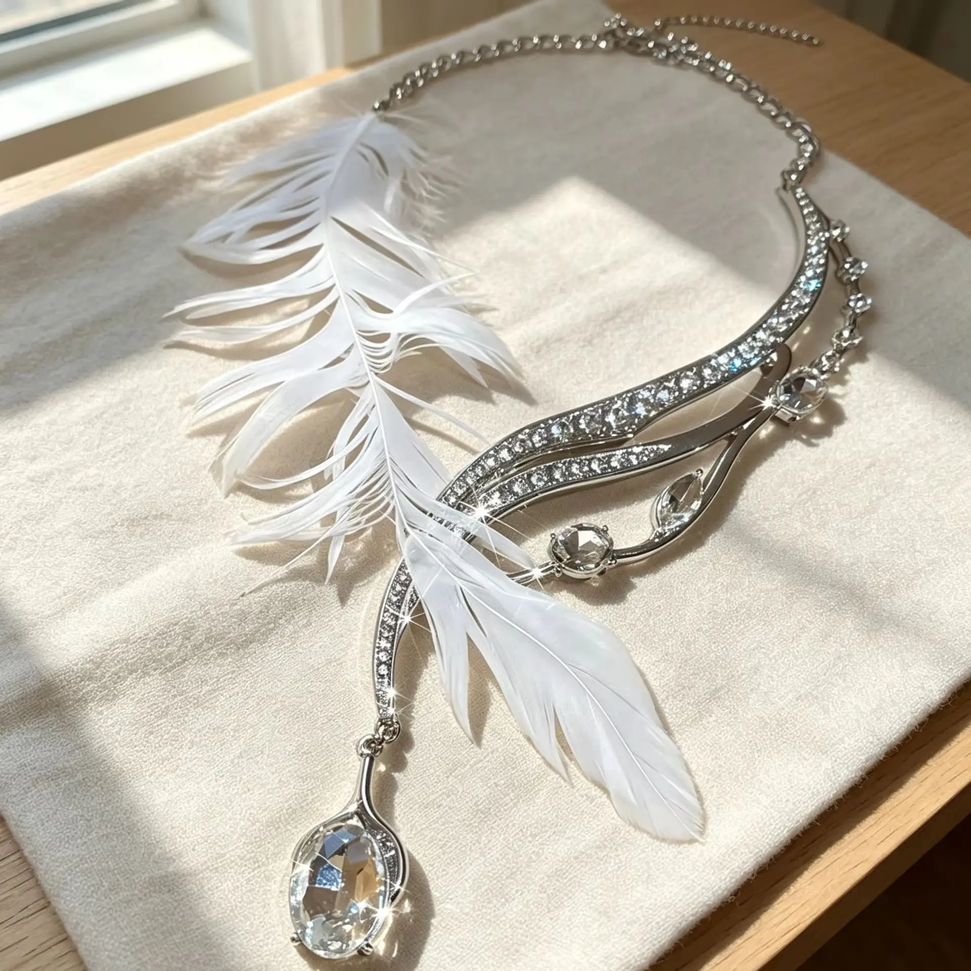 DOO MEI Asymmetrical White Feather Rhinestone Statement Necklace for Women Teardrop Crystal Pendant Wedding Bridal Jewelry