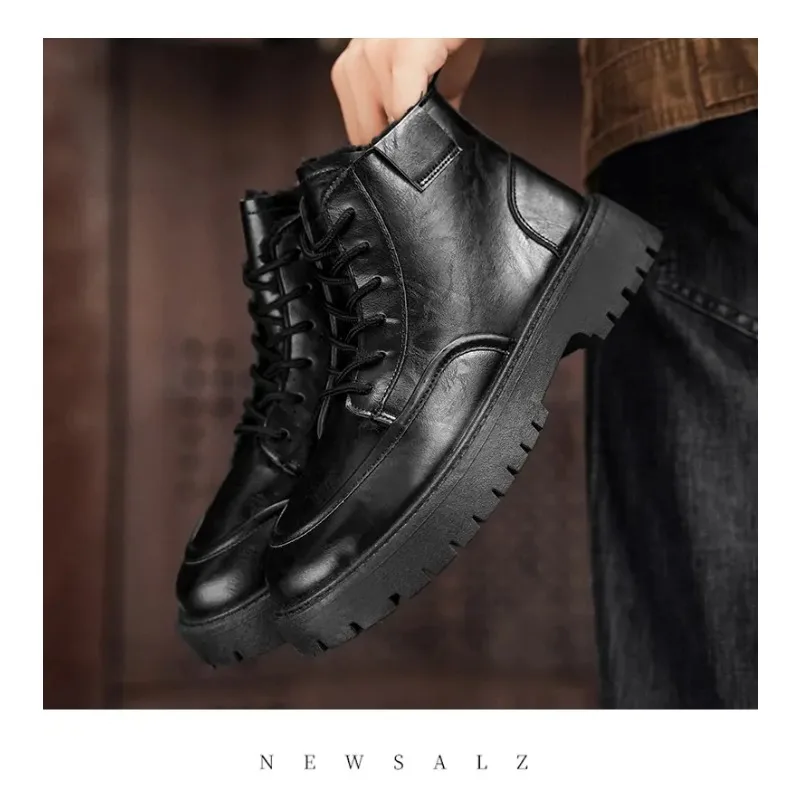 Winter High Top Warm Men's Leather Boots Black Velvet Anti Slip  Ankle Boots Thick Soled Wear-resistant Short Boots