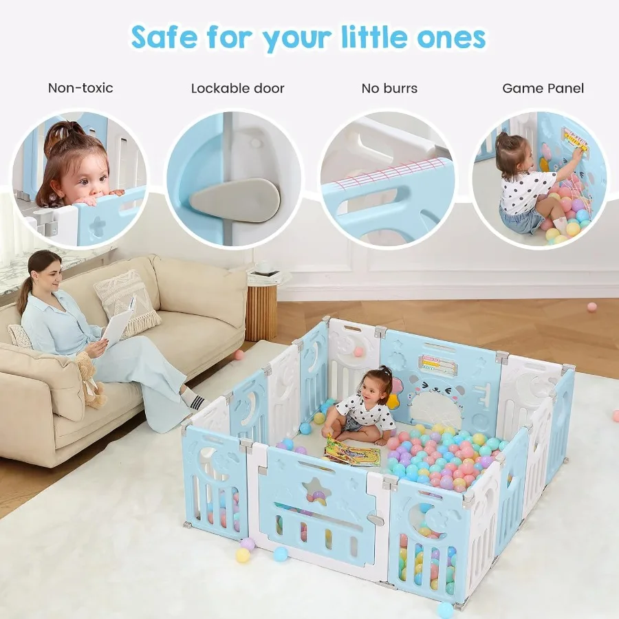 Baby Playpen Baby Playard for Babies and Toddlers 14-Panel Foldable Playpen Adjustable Portable Play Area Indoor/Outdoor Active