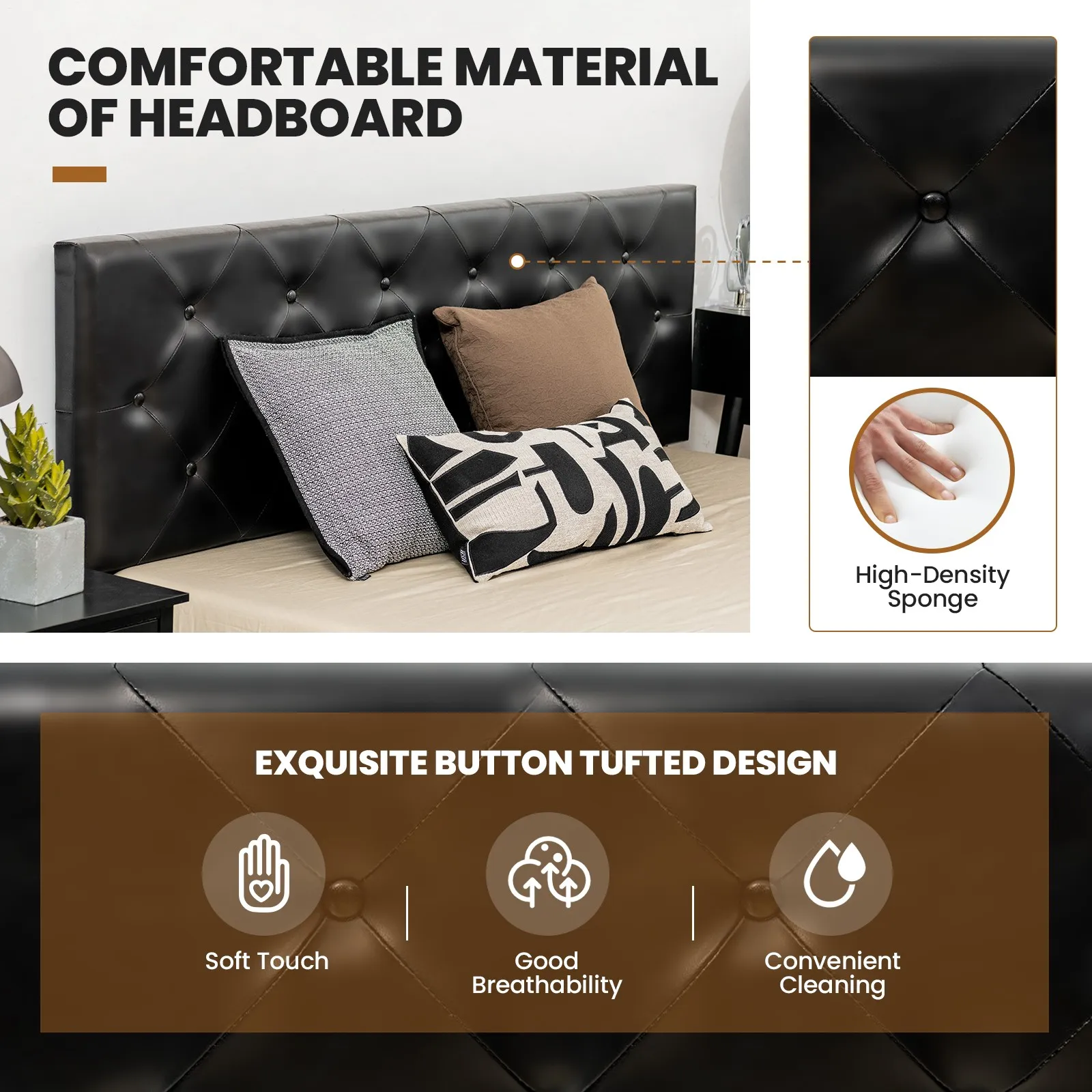 سرير بمنصة منجدة من جلد البولي يوريثان بالكامل مع 4 أدراج، لوح رأسي قابل للتعديل