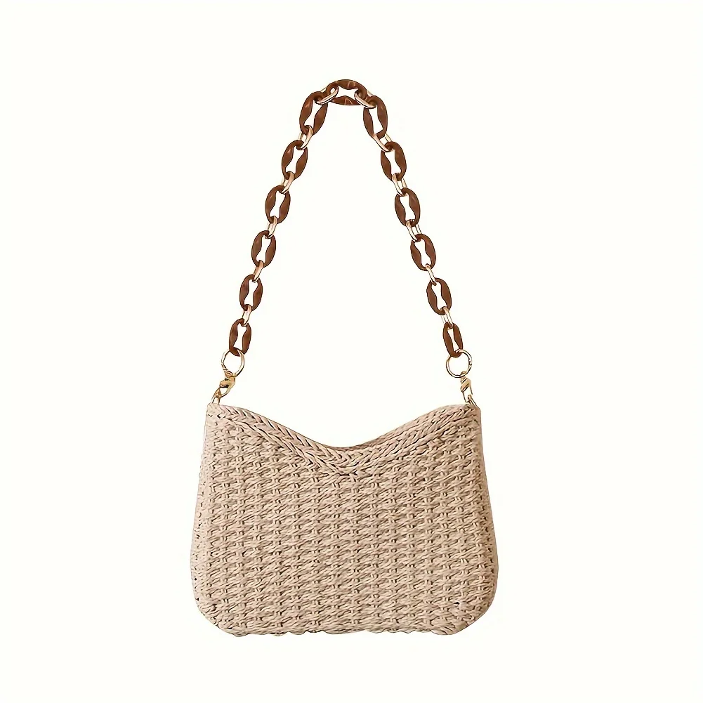 

Straw Woven Shoulder Bag For Women, Summer Beach Travel Handbag, Classics Chain Crossbody Bag