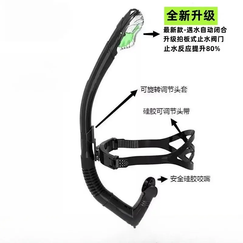 Front Mount Swim Training Snorkel, Dry‑Top Anti‑Leak Swimming Breathing Tube with Adjustable Head Strap for Pool Lap Swimming