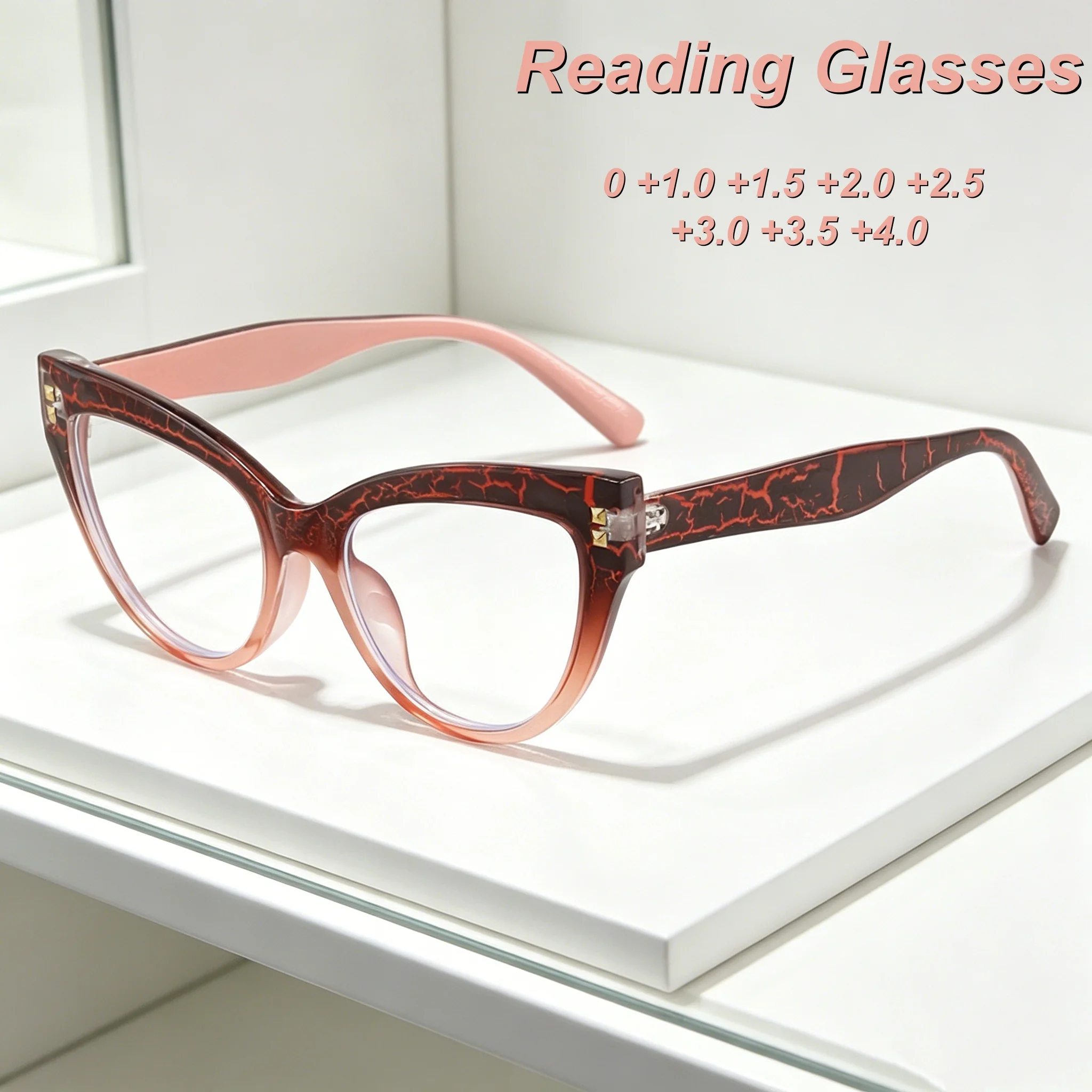 

2026 New Fashionable Personalized Cat Eye Women's Reading Glasses Retro Neutral High Quality Pattern Leg Anti Blue Light Glasses