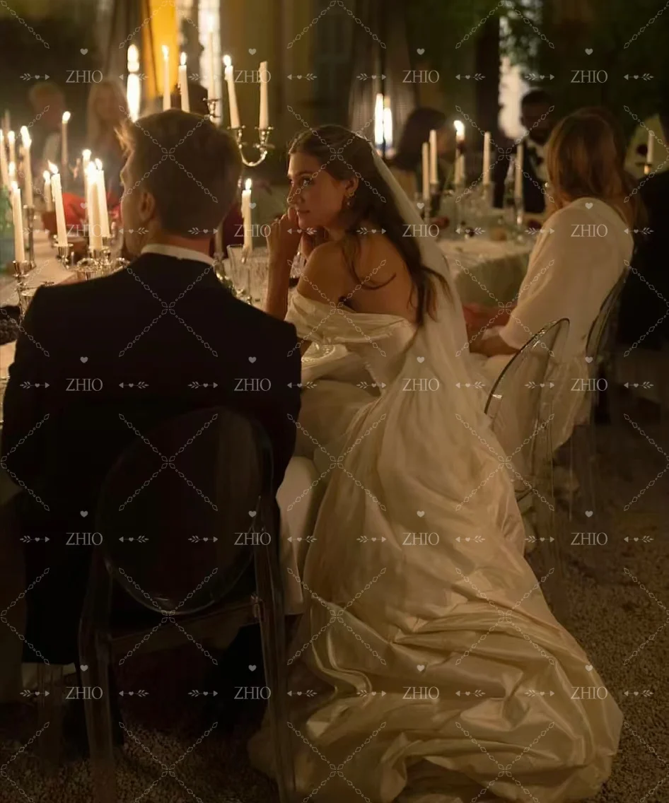 ZHIO Винтажное свадебное платье из 2 предметов с открытыми плечами и драпировкой, длинным шлейфом цвета слоновой кости, шелковое свадебное платье из тафты, индивидуальное платье Robe de mariée