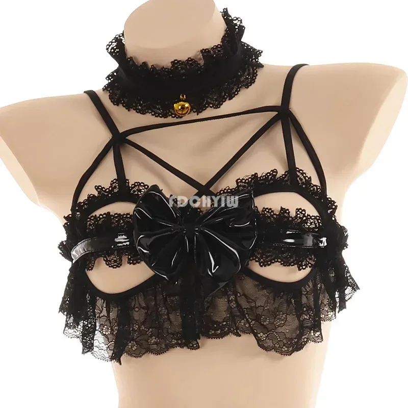 72th Sexy pipistrello di pizzo lingerie PU in pelle piccolo demone donne diavolo cosplay bikini set reggiseno a coppa aperta Lolita Anime ali