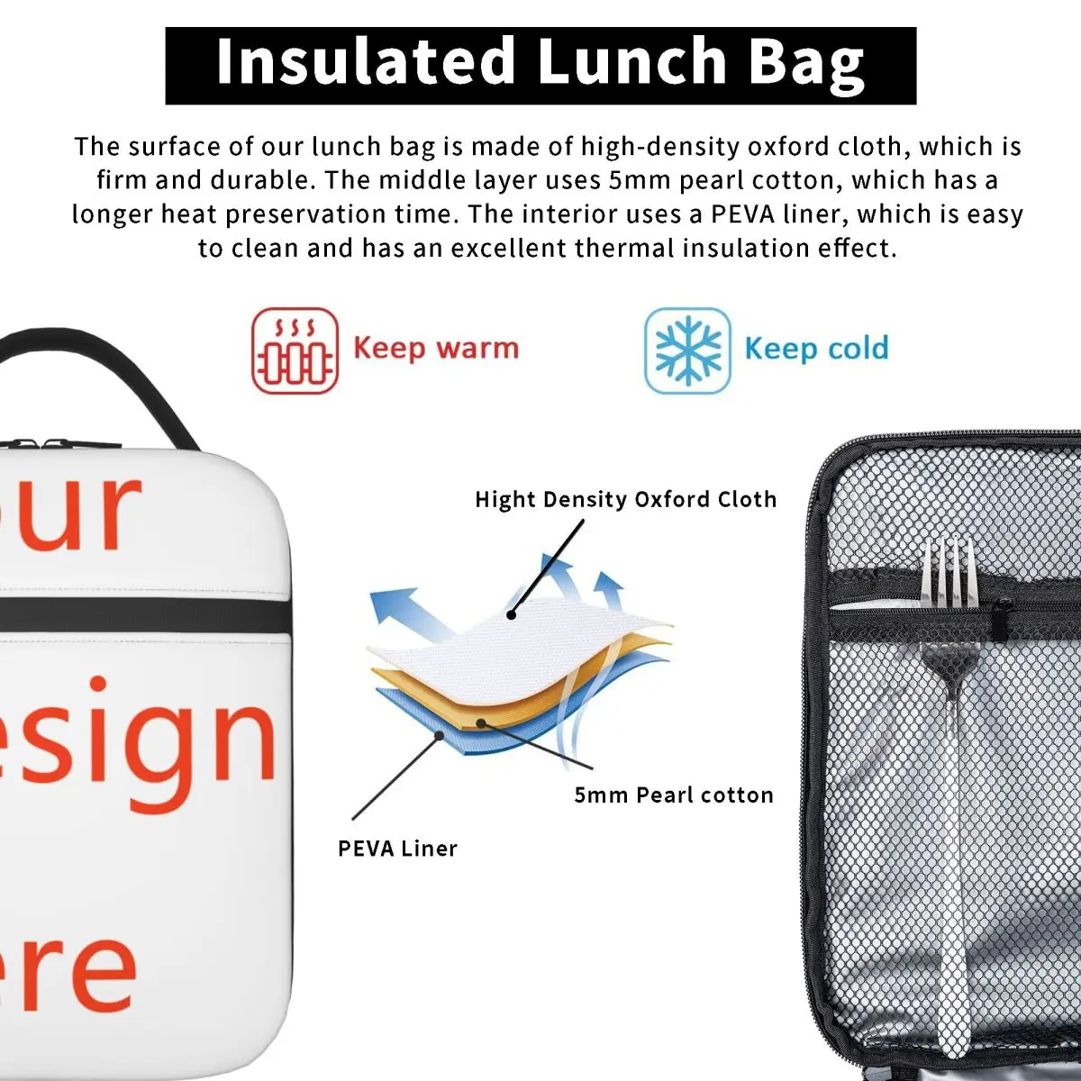 Fiambrera portátil con diseño personalizado, bolsa de almuerzo aislada con foto o logotipo, contenedor de comida, bolsa enfriadora