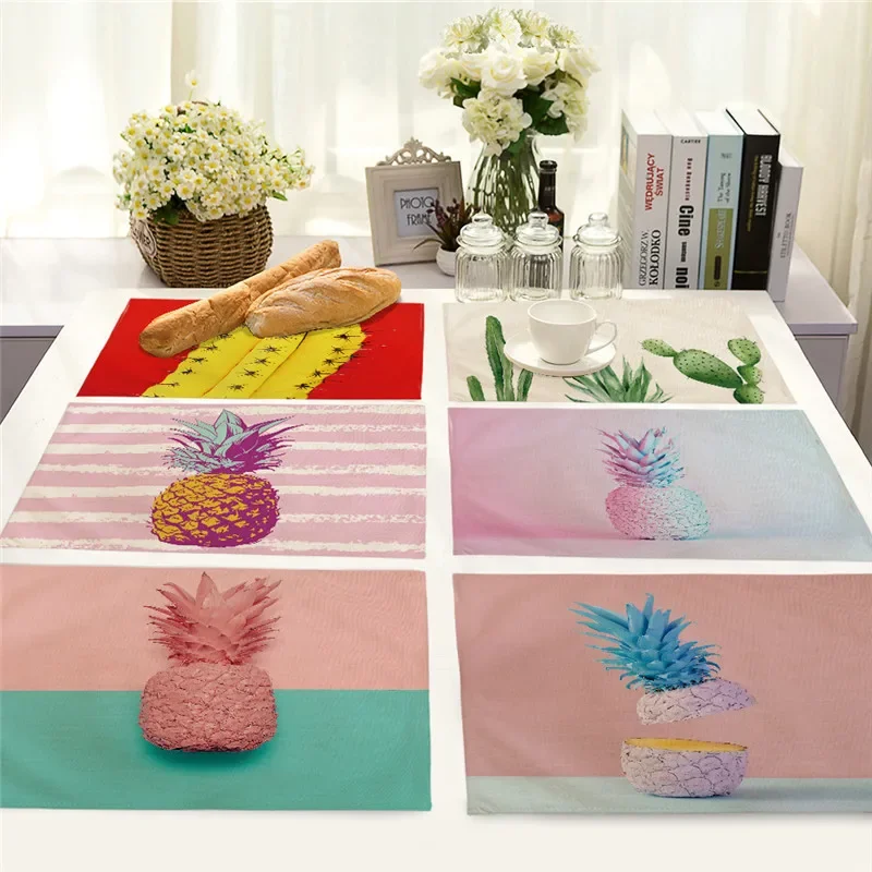 Pineapple Cactus Pattern Placemat Coaster Dining Table Mat Cotton Linen Bowl Cup Mat Kitchen Pads 45*32cm Home Decor