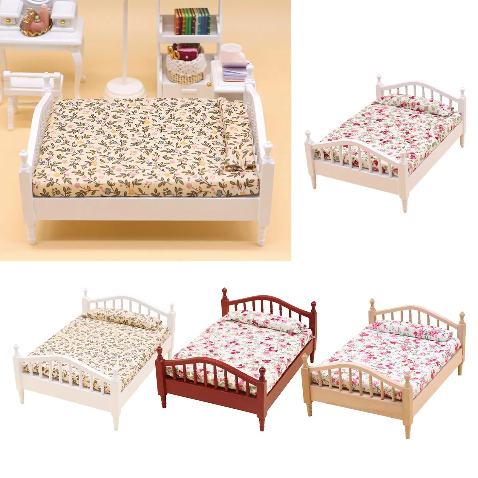 1/12 Miniature Wooden Bed, Dollhouse Bed Model for Study Bedroom Room Decoration