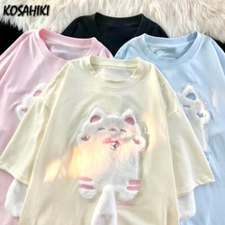 Summer Y2k Aesthetic Apricot Tees Grunge Casual Loose E-girl T-Shirt Women Tops Embroidery Harajuku Cartoon Print Kawaii Tshirts