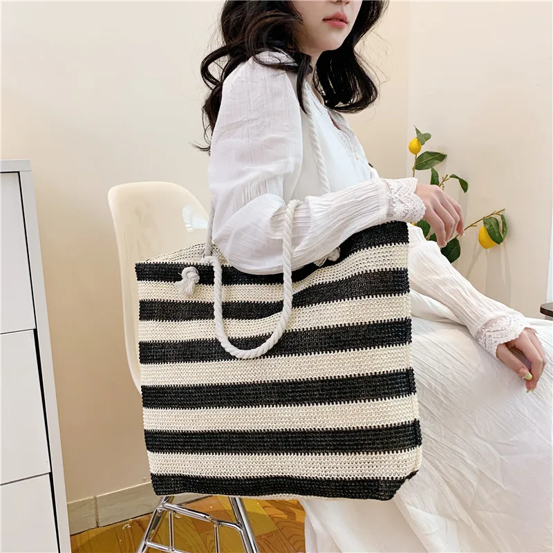 New Trendy Striped Knitted Mini Tote Bag Women Girl Casual Shoulder Bag Student Handbag Retro Canvas Bucket Bag Purse