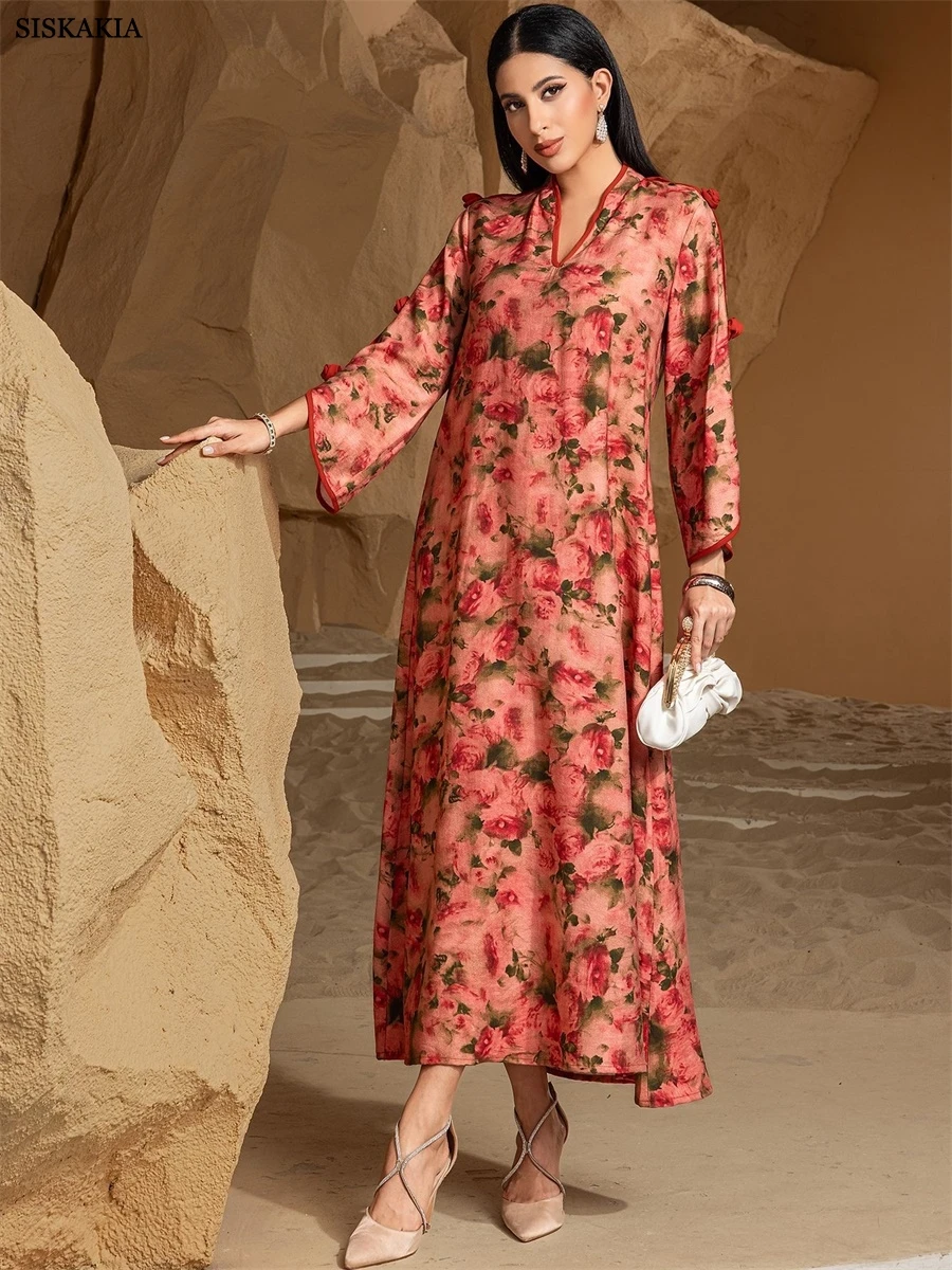 

Siskakia Morocco Floral Print Abaya Dubai Fashion Women's Clothing Kaftan Dresses For Women Gala 2025