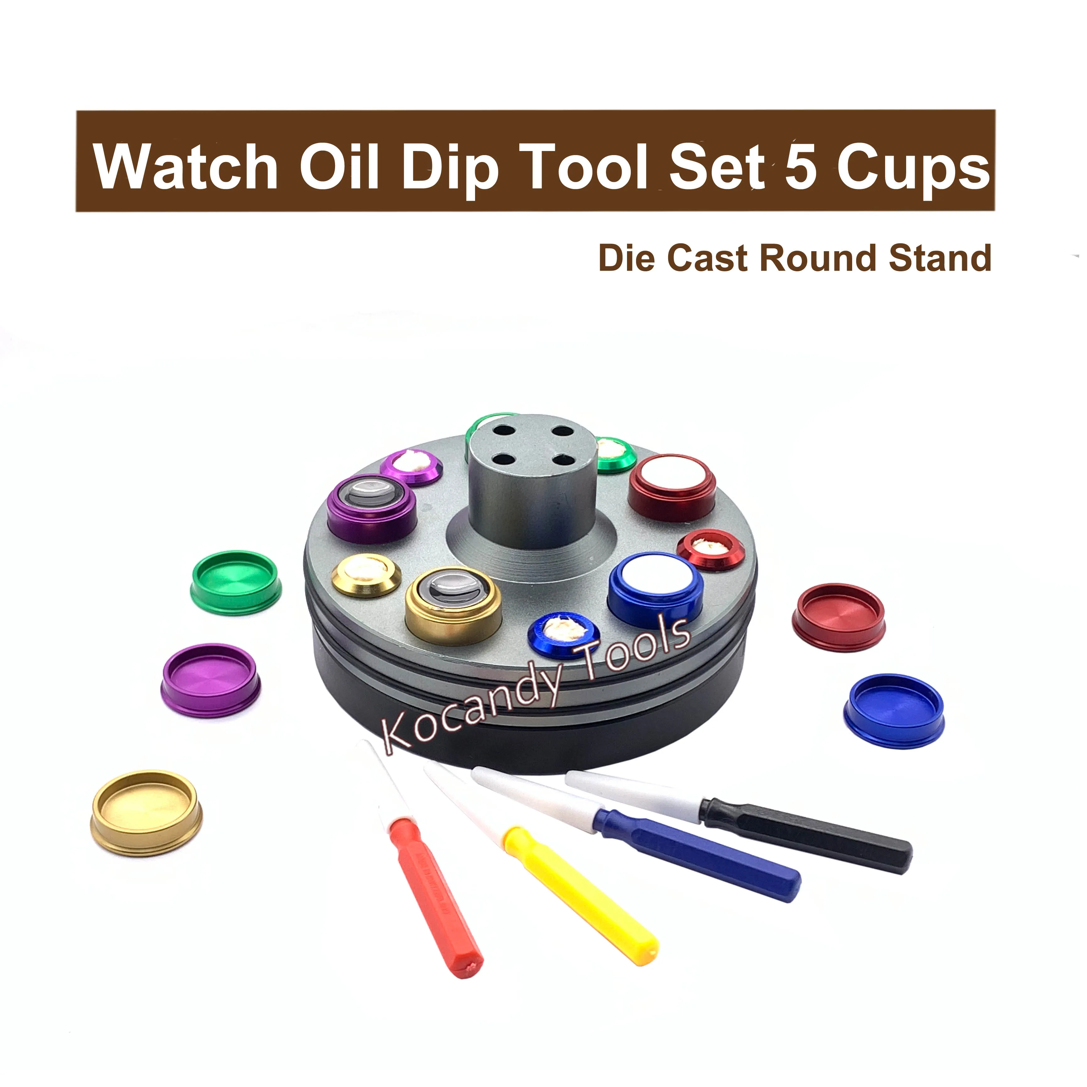 Professional Watch Oil Dip Tool Set Rotatable Die Cast Stand Base 5 Oil Cups For Watch Repairing