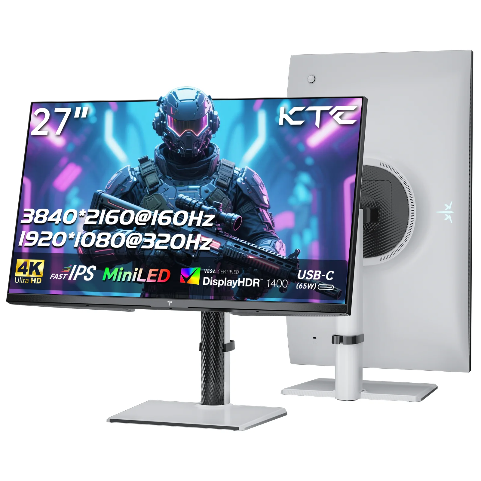 KTC 27 Inch 4K MiniLED Gaming Monitor, UHD 3840x2160 Dual Mode (4K 160Hz/FHD 320Hz), HDR 1400, Fast IPS, Type-C 65W  White M27P6