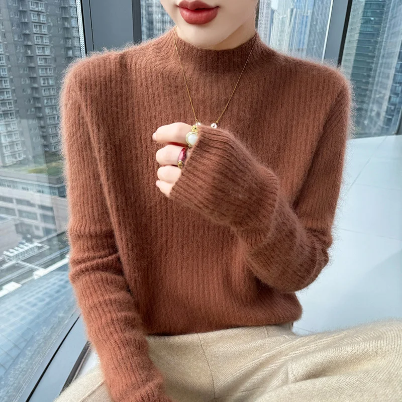 Sweater rajutan wanita 100% kasmir bulu mink, lengan panjang, slim fit, serbaguna, untuk musim gugur dan musim dingin, model baru dengan kerah O.