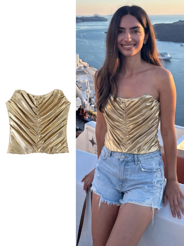 HH – Haut bustier élégant doré métallisé pour femme, coupe ajustée, idéal pour les dîners, les rendez-vous, les fêtes, les vacances, les soirées et les tenues décontractées