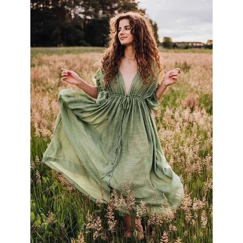Boho Maternity Photography Props Dresses Button Decoration Pregnancy Photo Shoot Bohemian Baby Shower Long Dress Front Slit