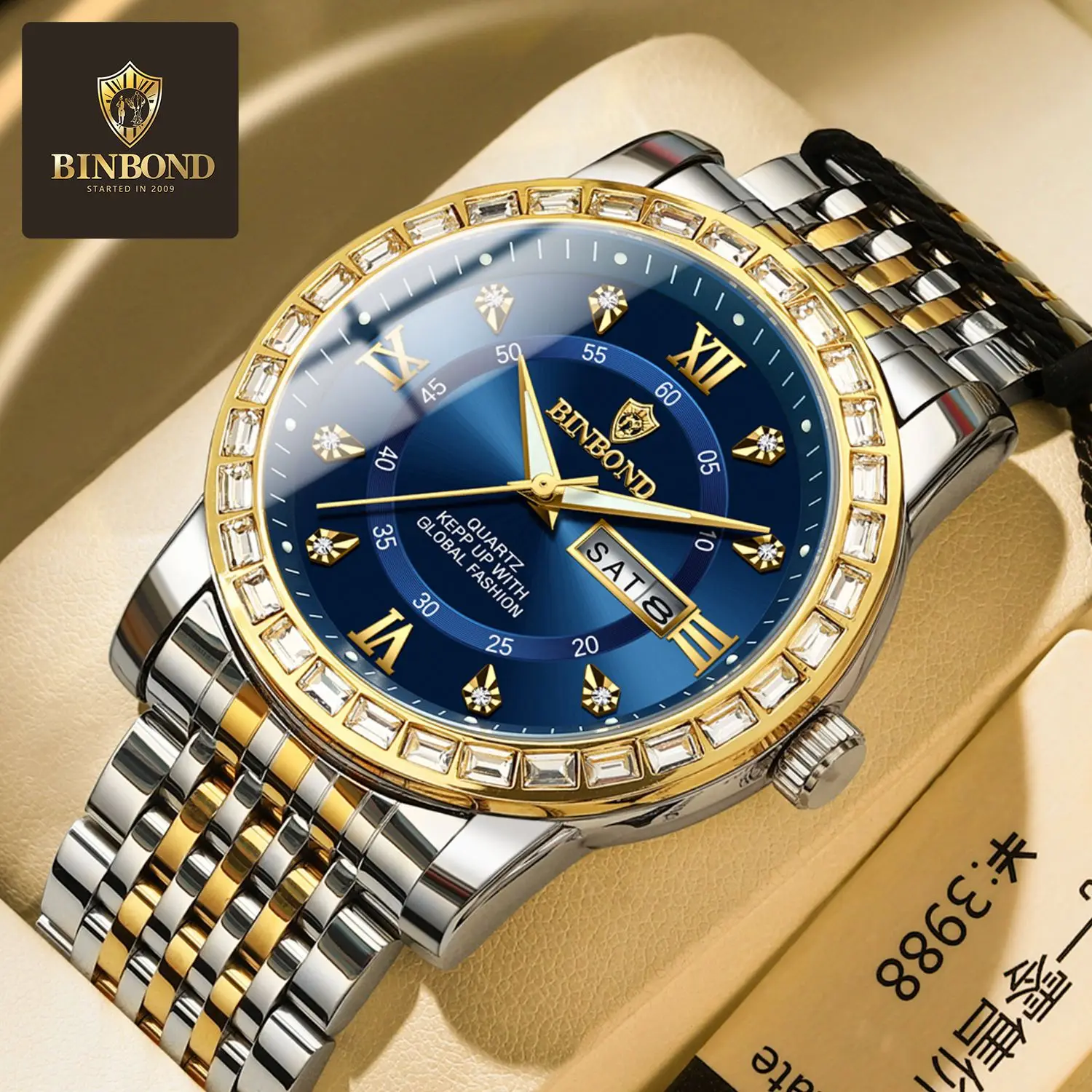 本物のメンズ腕時計トレンディなビジネスダイヤモンド象嵌中国語英語デュアルカレンダー防水発光男性ファッションクォーツ時計