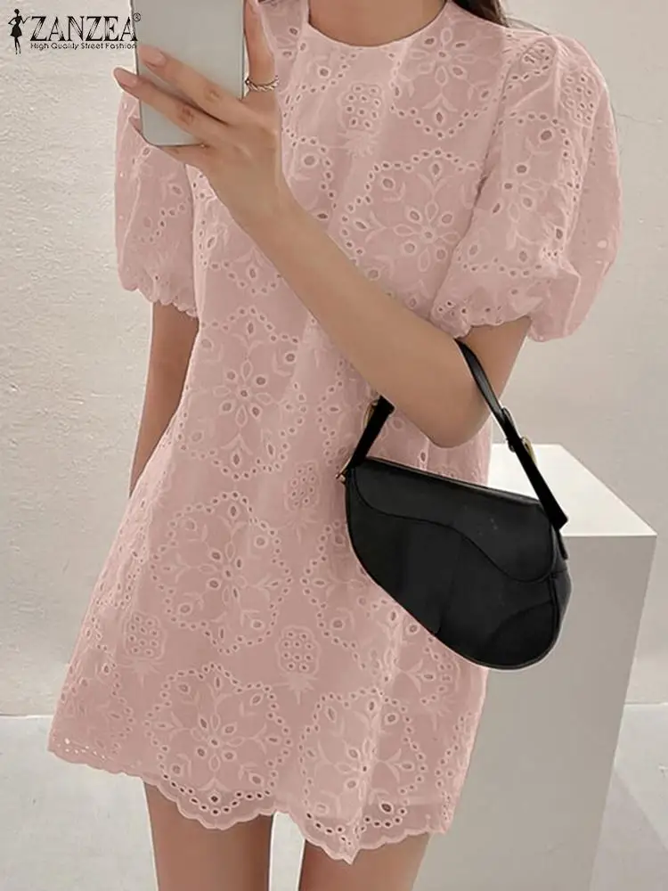 ZANZEA Cotton Short Puff Sleeve Mini Sundress 2024 Summer Holiday Solid Dress Women Fashion Lace Dress Casual Round Neck Vestido