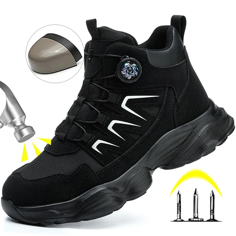 Fashion Rotating Button Safety Shoes Man Boots Anti Smash Anti Piercing Steel Toe Safety Work Shoes Breathable Work Boots ﻿