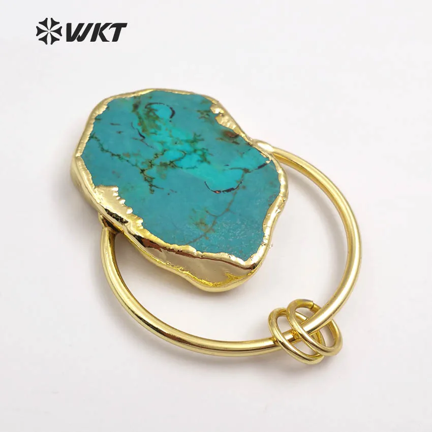 

WT-P1372 Vintage Design Sky Blue Natural Stone With Half Circle And Double Tiny Loops Gold Trim Pendant For Jewelry Making