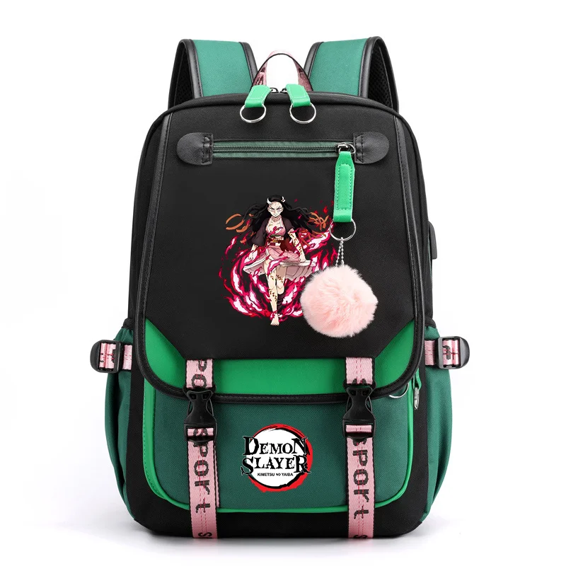 Legal kamado nezuko padrão mochila adolescente rua usb zíper mochila anime kamado nezuko mochila escola saco