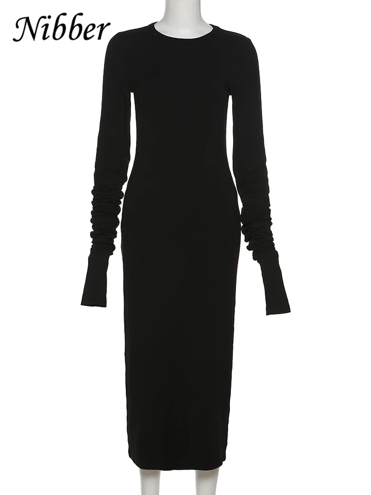 Nibber Fabric Ribbed Women’s Maxi Dresses Concise Long Sleeve Solid Skinny Stretch Basic Vestidos Female Robe Clothing Clubwear