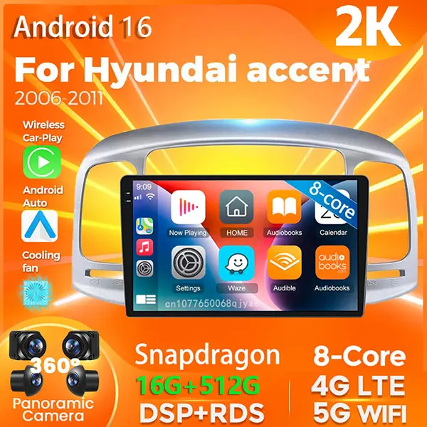 Android 16 Qualcomm Carplay Auto For Hyundai Accent 2006 - 2011 Car Radio Player Multimedia Stereo 360 Camera Navigation Video