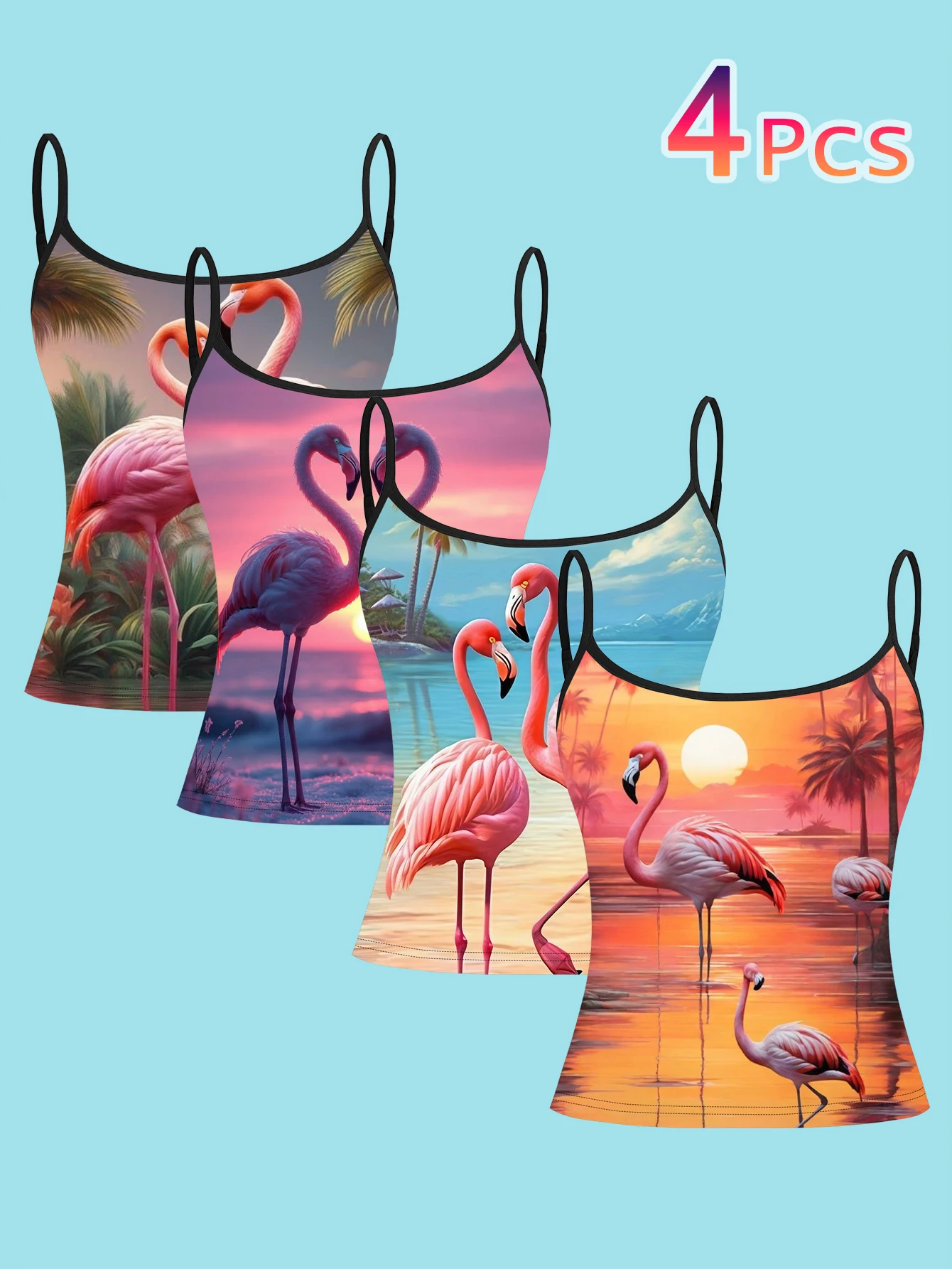 4-Piece Set of Beach Sunset Flamingo Camisole Outfits, Island Scenery Women's Spaghetti Strap Inner Layering Shirt