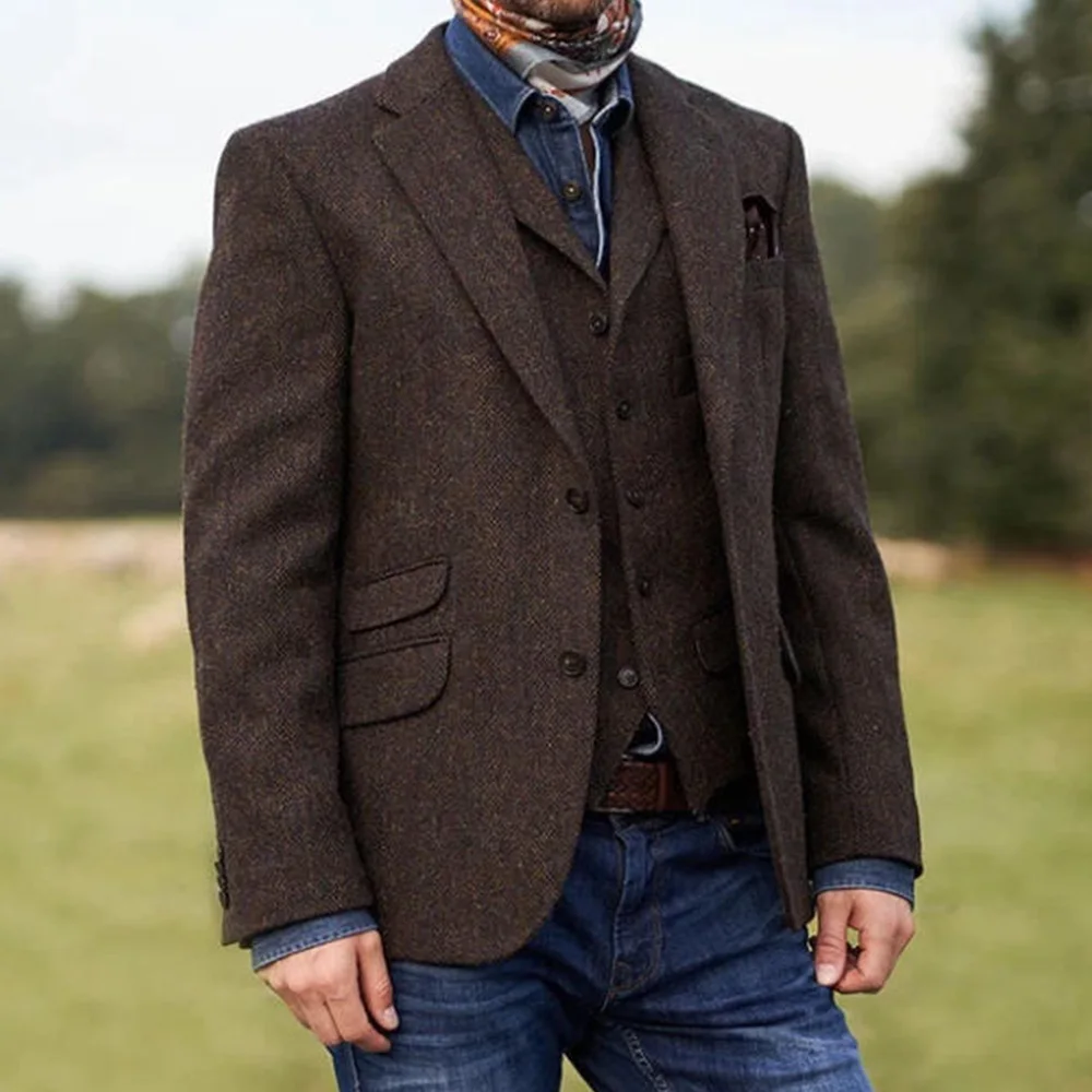 

Мужской пиджак с узором «елочка» с зубчатыми лацканами, однобортный приталенный стильный пиджак, рабочая одежда, официальное пальто для делового офиса, свадьбы