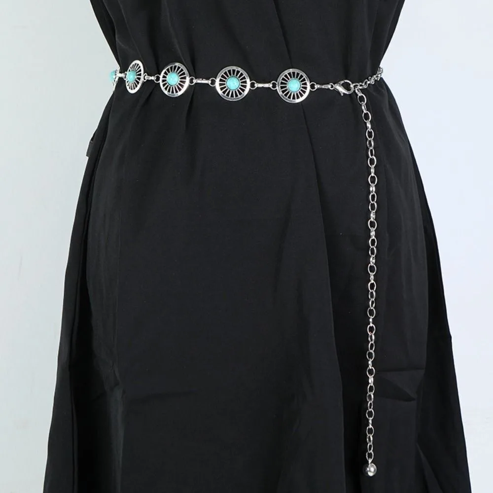 

Fashion Metal Turquoise Waist Chain Europe American Style Vintage Women's Body Jewelry Y2K Trendy Bohemian Belt Dress Decoration