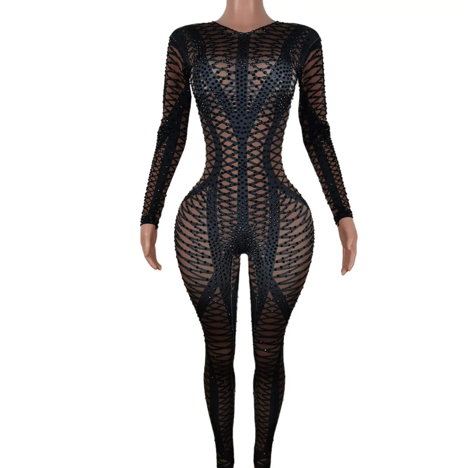 

Designer Black Plaid Sequin Long Sleeve Bodysuit Dancer Leotard Stage Performance Rompers Women Night Club Rhinestone Jumpsuits