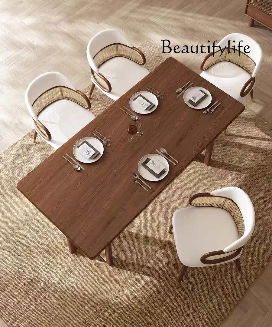 

BJ Household Rectangular Dining Table Decoration Maison Nordic Medieval Style Solid Wood Rattan Dining Table And Chairs