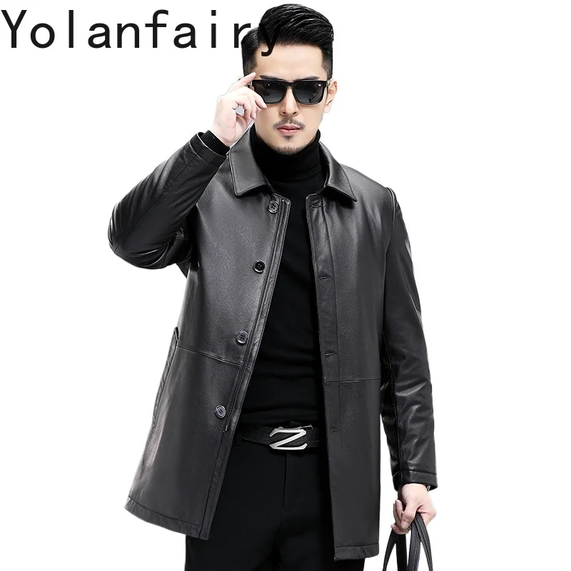 

YOLANFAIRY100% Genuine Leather Jacket Men Autumn Winter Mid-length Trench Coats Mulberry Silk Liner Real Cow Leather Jackets Man