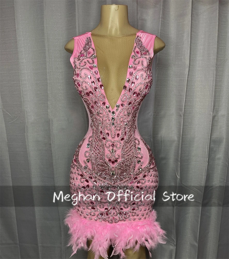 

Pink O N Short Prom Dresses For Black Girls Bead Crystal 2025 Birthday Luxury Dress Feather Mini Cocktail Homecoming Customized