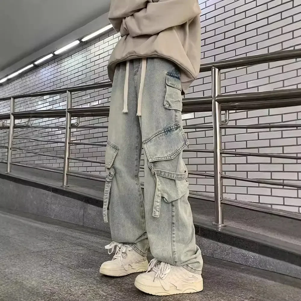 2026 Four Seasons American Style Men's Washed Multi Pocket Casual Trendy Simple Basic Drawstring Denim Trousers Male Jeans Pants