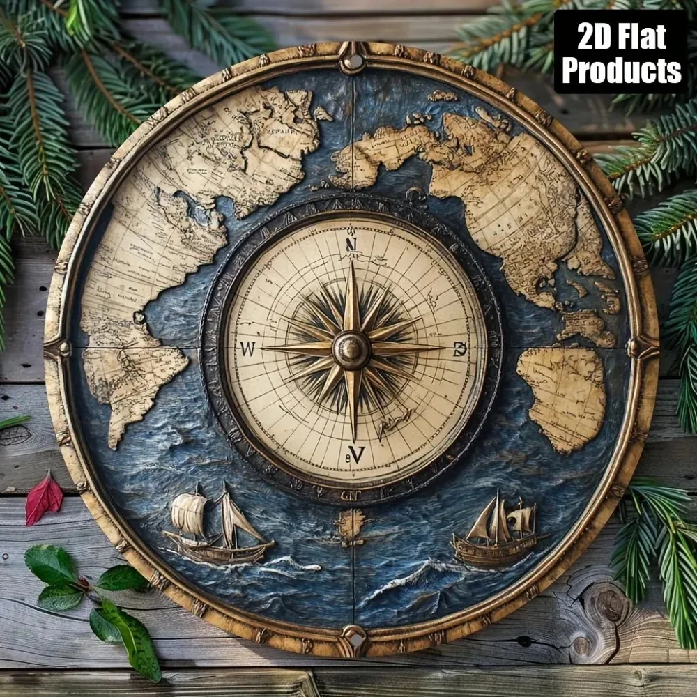 8x8 Inch Round Aluminum Metal Sign Vintage Compass Ship Design Waterproof Wall Art Decor for Bar Cafe Office Holiday Gift