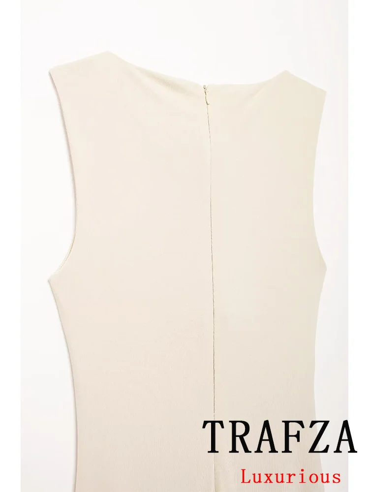 TRAFZA Vintage Sexy Chic Solid Women Dress V-Neck Sleeveless Appliques Straight Long Dress Fashion 2024 Autumn Front Hole Dress