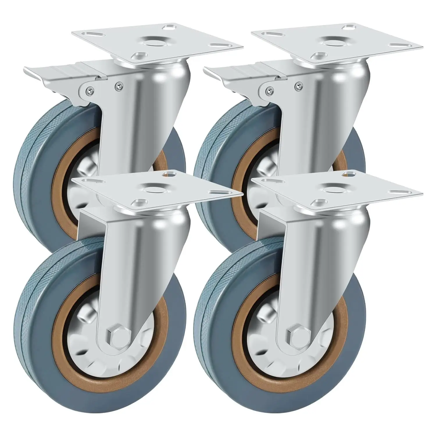 Set of 4 Heavy Duty 100mm Trollry Rubber Swivel Castor Wheel Caster Brake 600KG