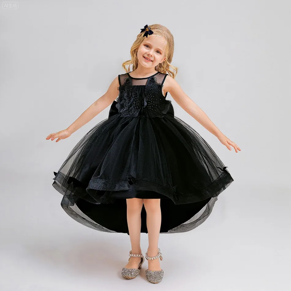 Girls Black 3D Butterfly High Low Tulle Dress Kids Dark Princess Gown Pageant Birthday Evening Party Photoshoot Costume ASQ03