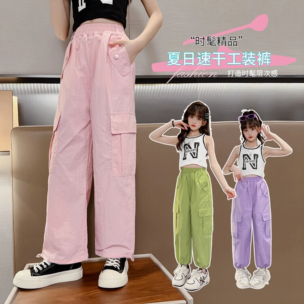 

Fashion Girls Cargo Trousers Spring Teen Oversize Pants With Belt Pockets Harajuku Vintage Loose Straight Summer Kids Clothes