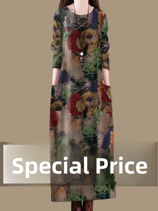 Ele floral impressão ket dr feminino primavera outono vintage solto redondo ne saia commute étnico sle midi a linha dr