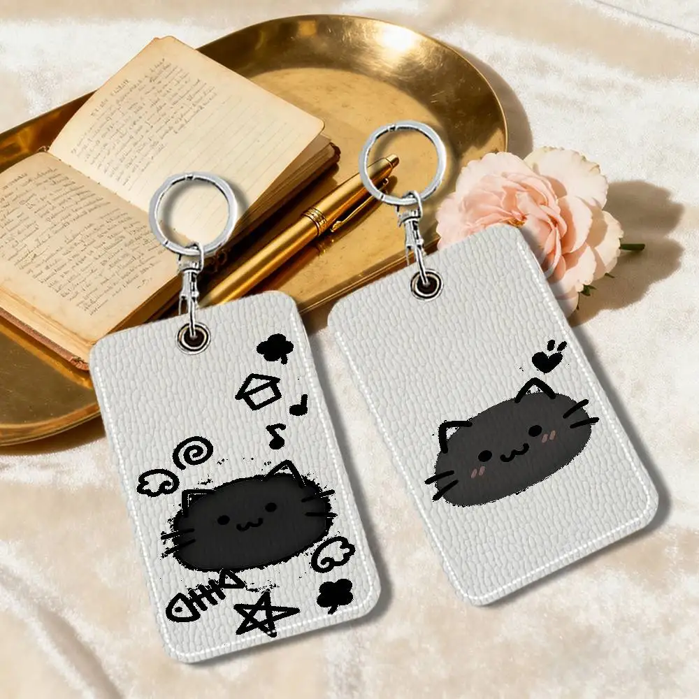Black Cat Keyring Leather Access Card Holder Keychain Community Proximity Card Protective Case