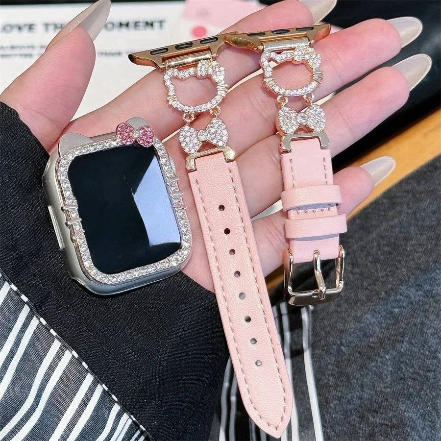 Hello Kitty Y2K Apple Watch Band Sanrio Leather Diamond Watchband Apply To Iwatch 38 44 46 42Mm S10 Woman'S Watch Strap Gift